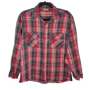 Vintage 80s Five Brother Mens Flannel Plaid Tartan Shirt Size Large in Red White